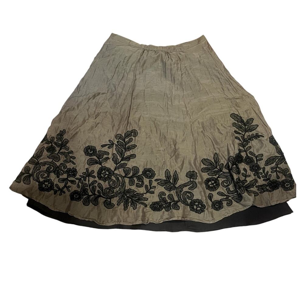 Chico's Olive Green Midi Skirt L Black Floral Embroidered Whimsigoth Cottagecore